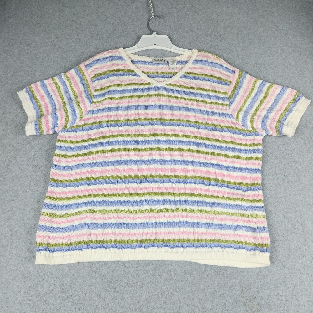 Vintage Russ Sweater Women's 18W/20W Multicolor Striped Chunky Knit Short Sleeve